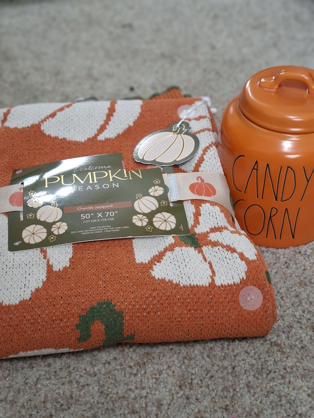 Pumpkin Season Orange Chenille Jacquard Throw Blanket and Rae Dunn Jar